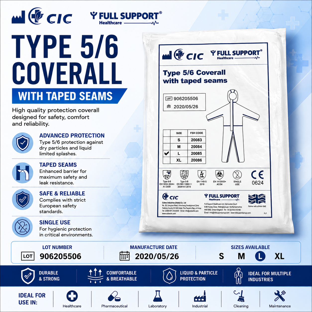 DISPOSABLE HOODED COVERALL TAPED SEAMS - WHITE COLOR - TYPE -5/6 - Size: Large by CIC
