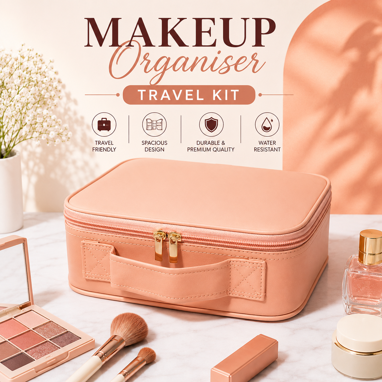 MAKEUP ORGANISER TRAVEL KIT - IN-BUILT LED MIRROR - AVAILABLE IN PEACH/BLACK COLOR