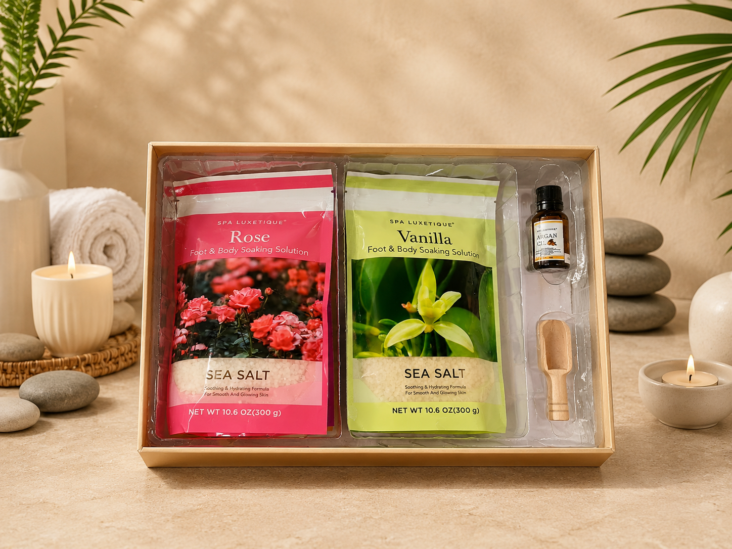 FOOT & BODY SOAKING SOLUTION GIFT SET - INCLUDING 6 SEA SALTS & ARGAN OIL by SPA LUXETIQUE