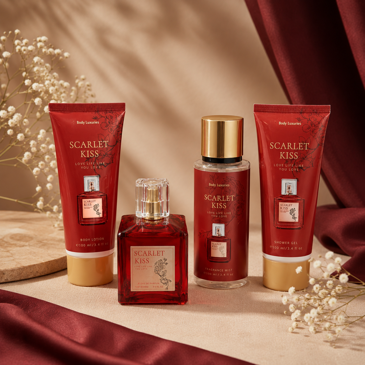 SCARLET KISS WOMEN BODY CARE GIFT SET - PERFUME,SHOWER GEL, BODY LOTION & FRAGRANCE MIST