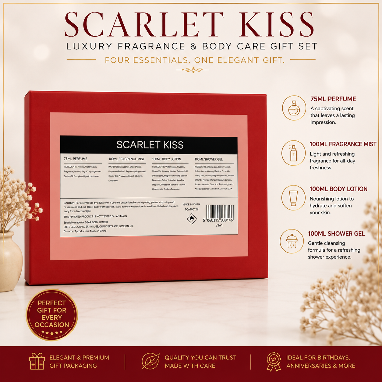 SCARLET KISS WOMEN BODY CARE GIFT SET - PERFUME,SHOWER GEL, BODY LOTION & FRAGRANCE MIST