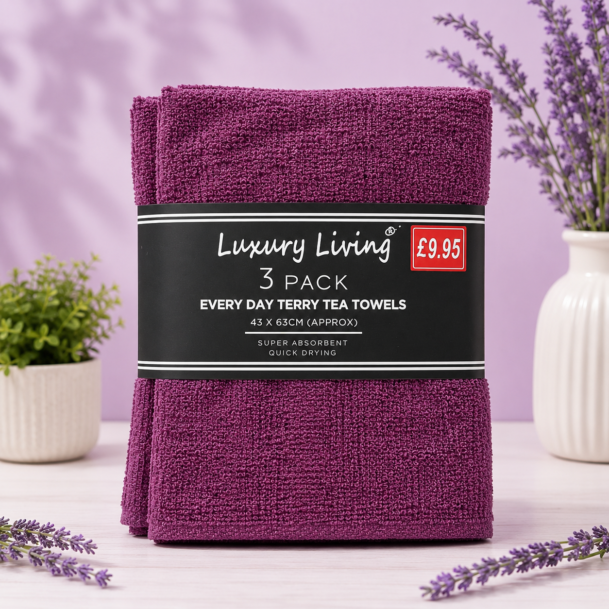 EVERYDAY TERRY TEA TOWELS - SET OF 3/PACK - 43cm*63cm - RANDOM COLORS - SUPER ABSORBENT & QUICK DRYING