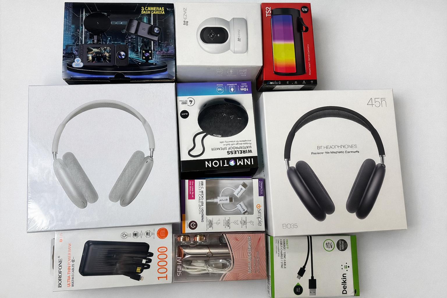 Bulk Electronics Bundle Deal – Headphones, Speakers, Power Bank, Dash Cam, Charging Cables & Beauty Device (5× Each Item)
