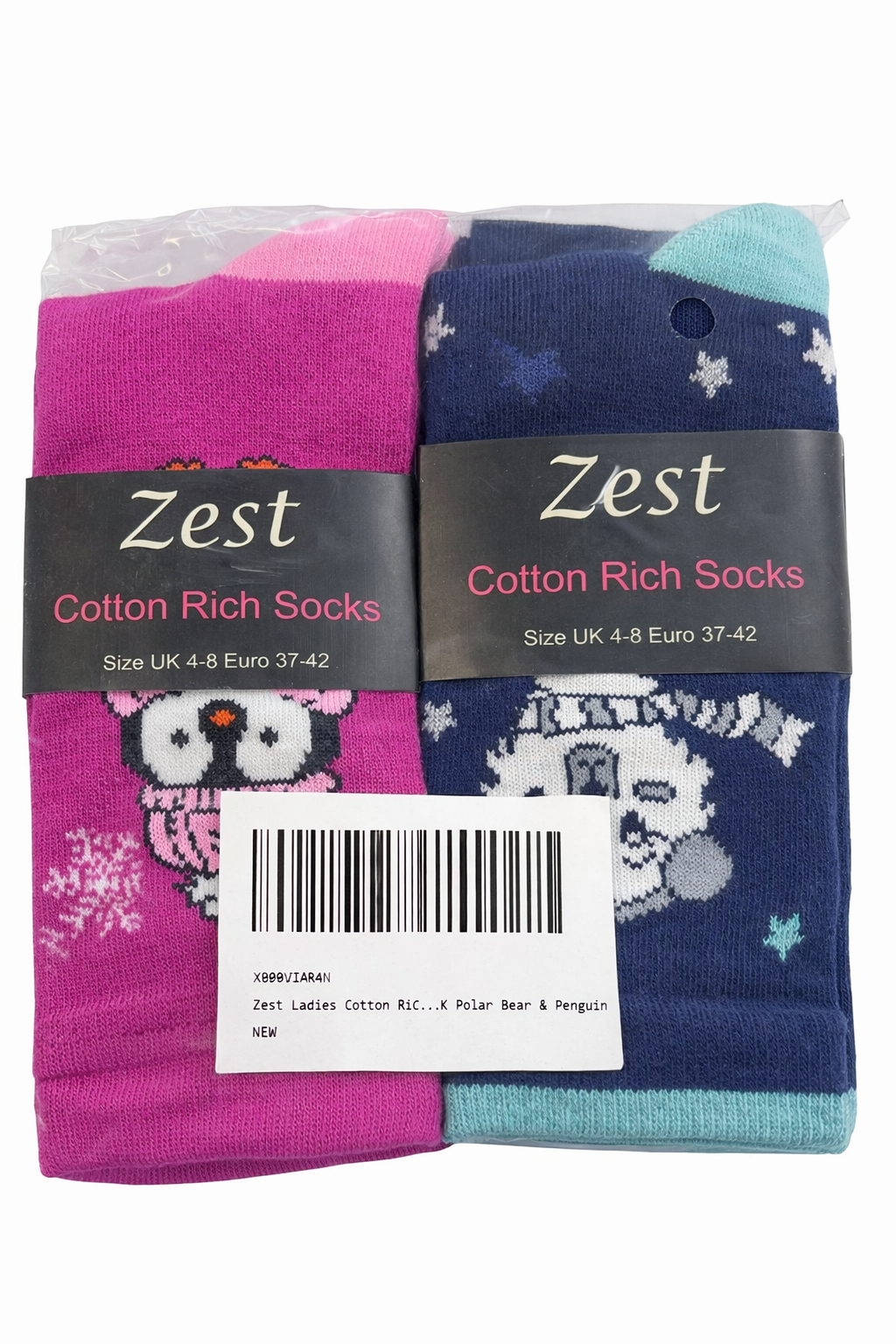 Zest Ladies Cotton Rich Socks – 6 Pack (Polar Bear & Penguin Designs)