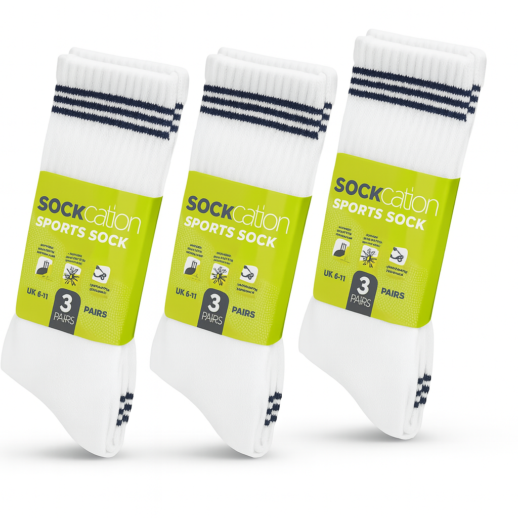 Socksation Sports Socks – 3 Pairs 4 set in a pack (UK 6-11 / EUR 39-45) High-Performance White Athletic Socks for Everyday Comfort