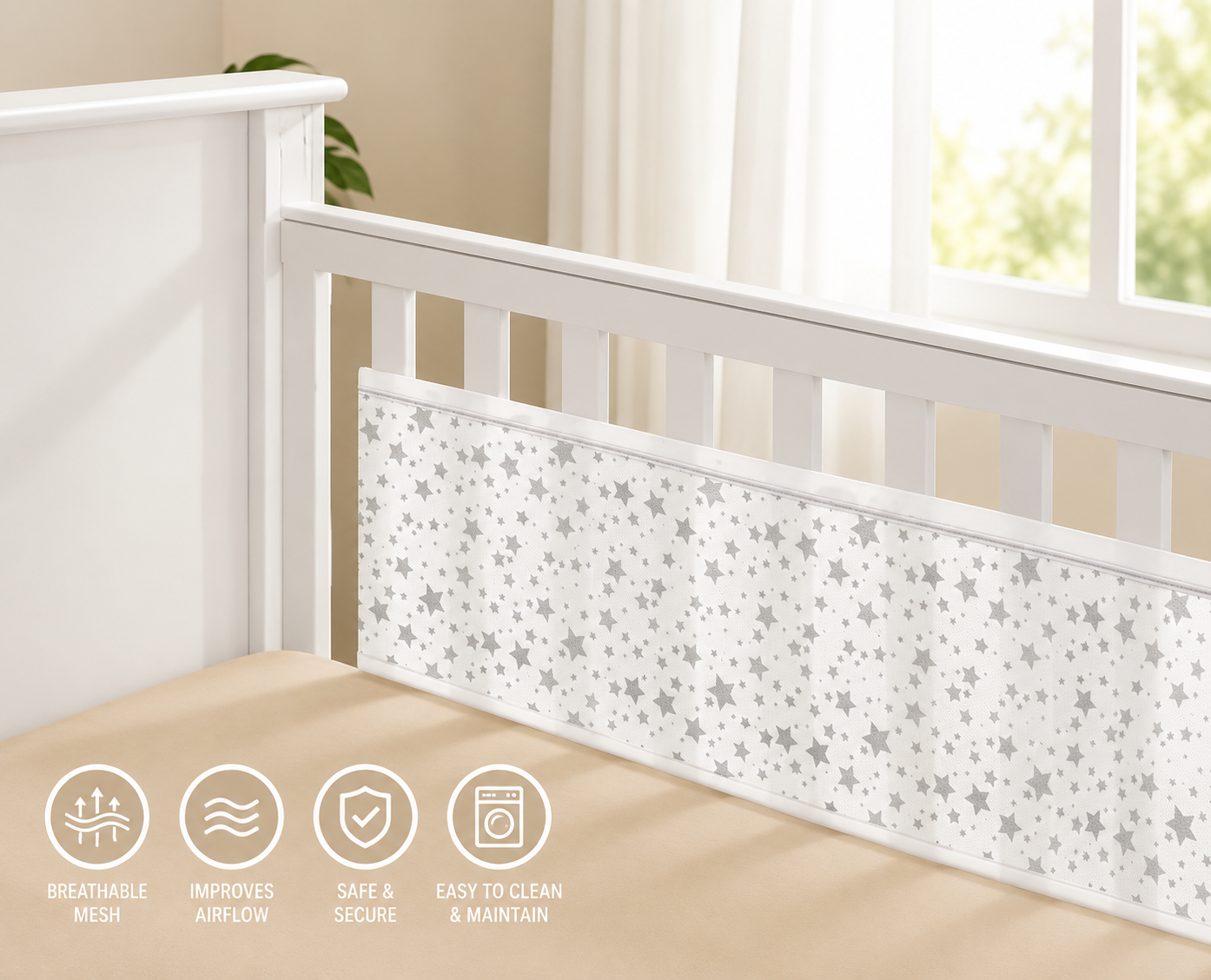 3D BREATHABLE BABY CRIB MESH LINER - SILVER TWINKLE STARS THEME - HIGHLY SOFT - 0 MONTHS+