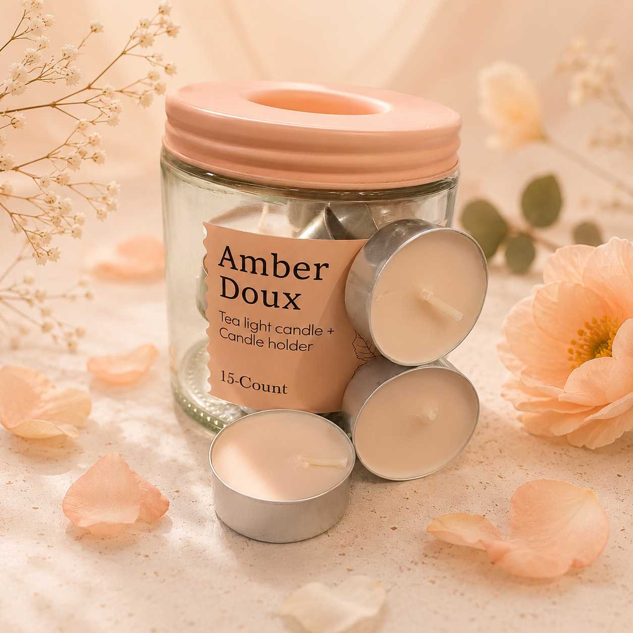 SCENTED CANDLES IN A JAR - CHOOSE 1 FROM 4 VARIENTS - EACH JAR CONTAINS 15 CANDLES - Fresh cinnamon/Light cotton/ Amber Doux/ Moonlight stony path