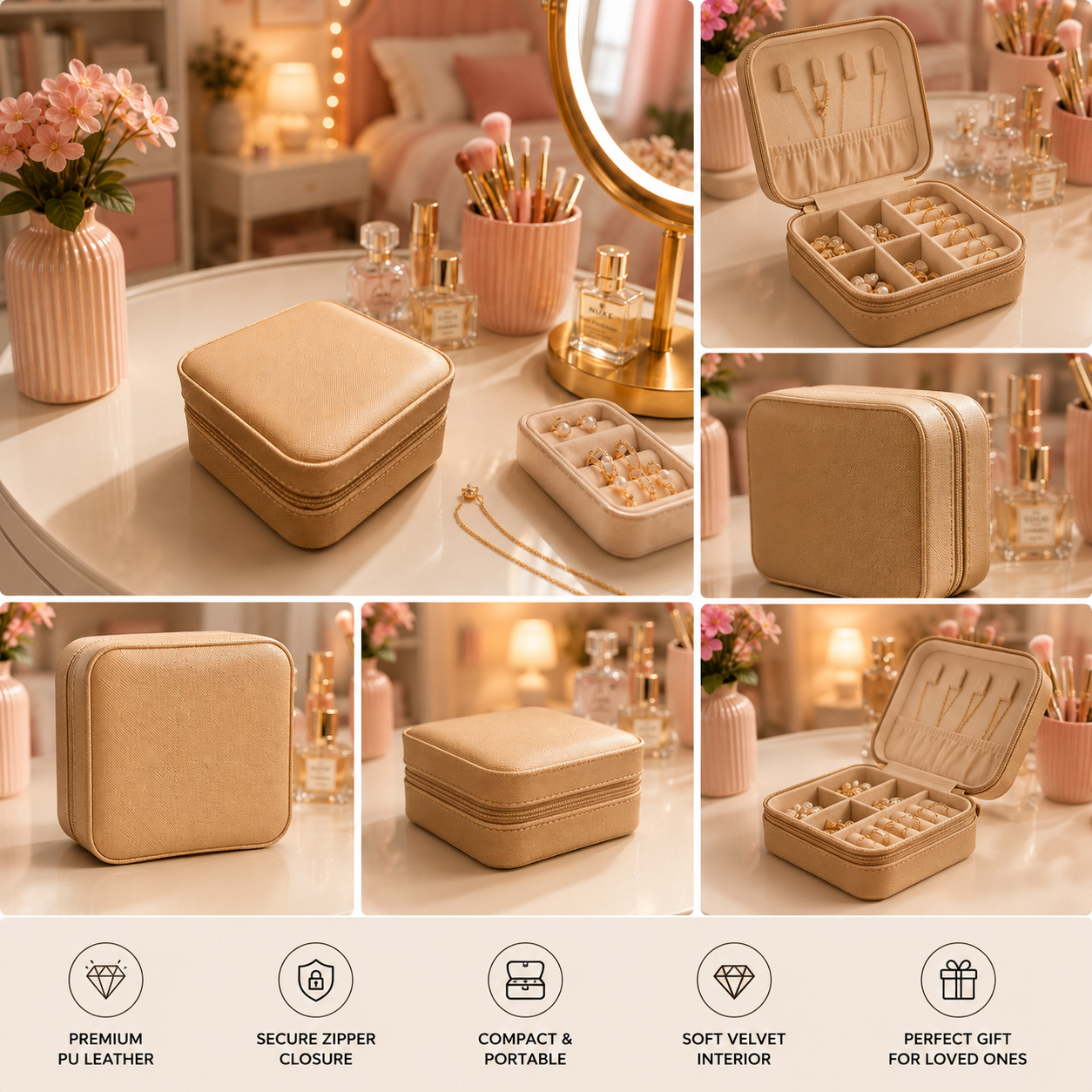 JEWELLERY ORGANISER BOX - SUPER SOFT AND TRAVEL FRIENDLY - GOLD BEIGE COLOR