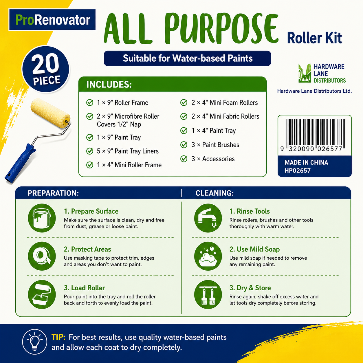 PRORENOVATOR ALL PURPOSE ROLLER KIT - INCLUDES 20 PIECES - SUITABLE FOR WATER BASED PAINTS