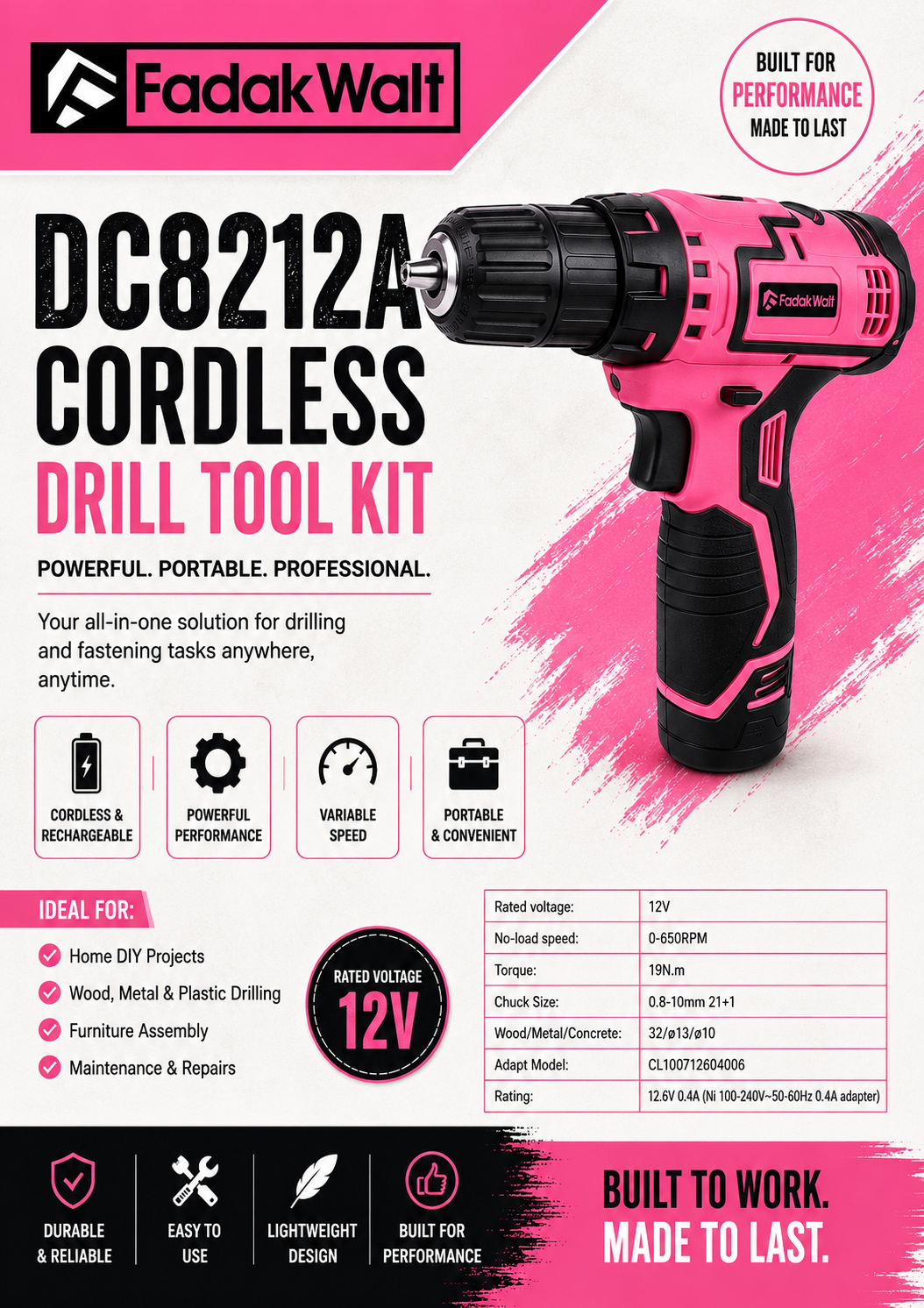 CORDLESS DRILL TOOL KIT - MODEL-DC8212A by FADAK WALT