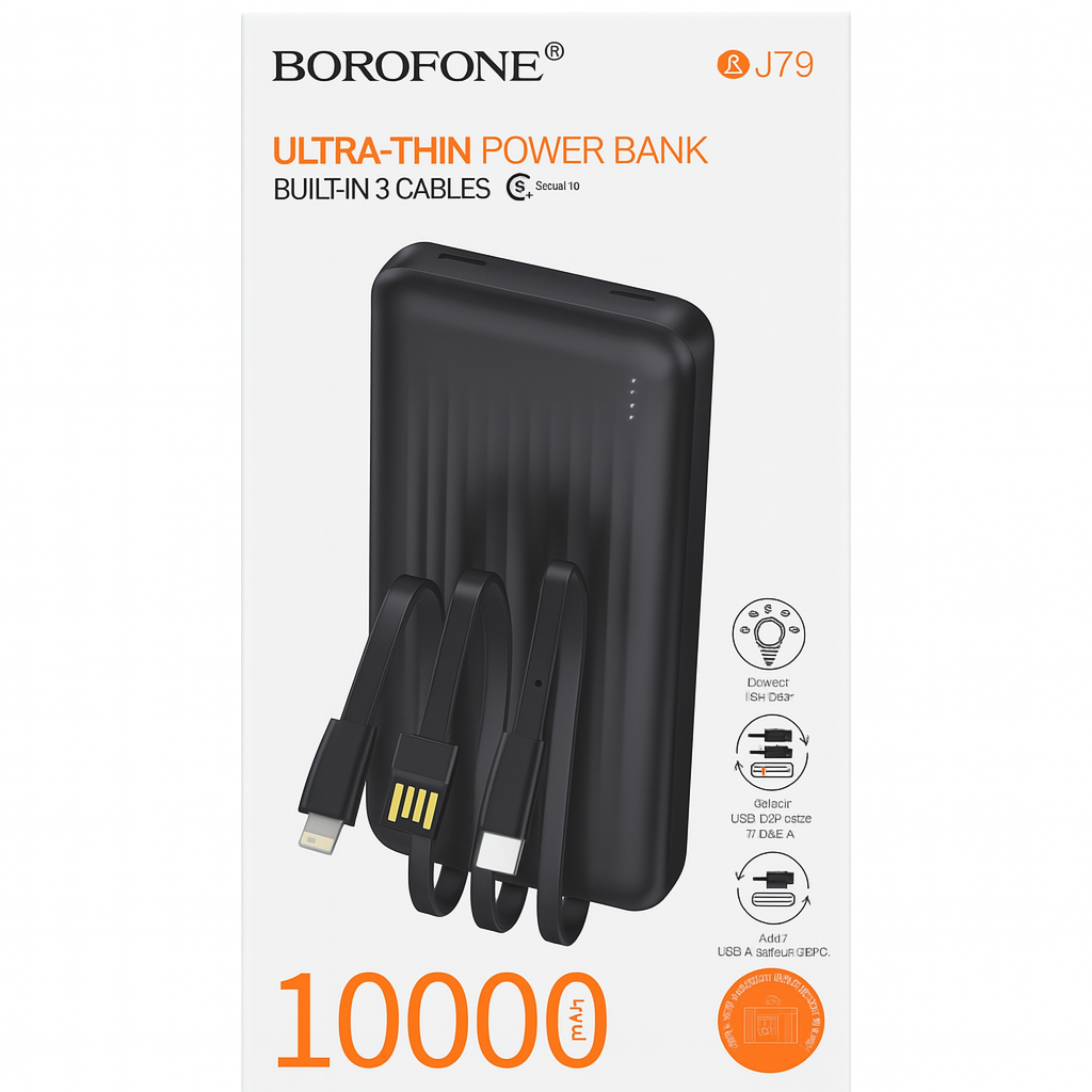 Borofone BJ79 Ultra-Thin Power Bank with Built-In 3 Cables – 10000mAh