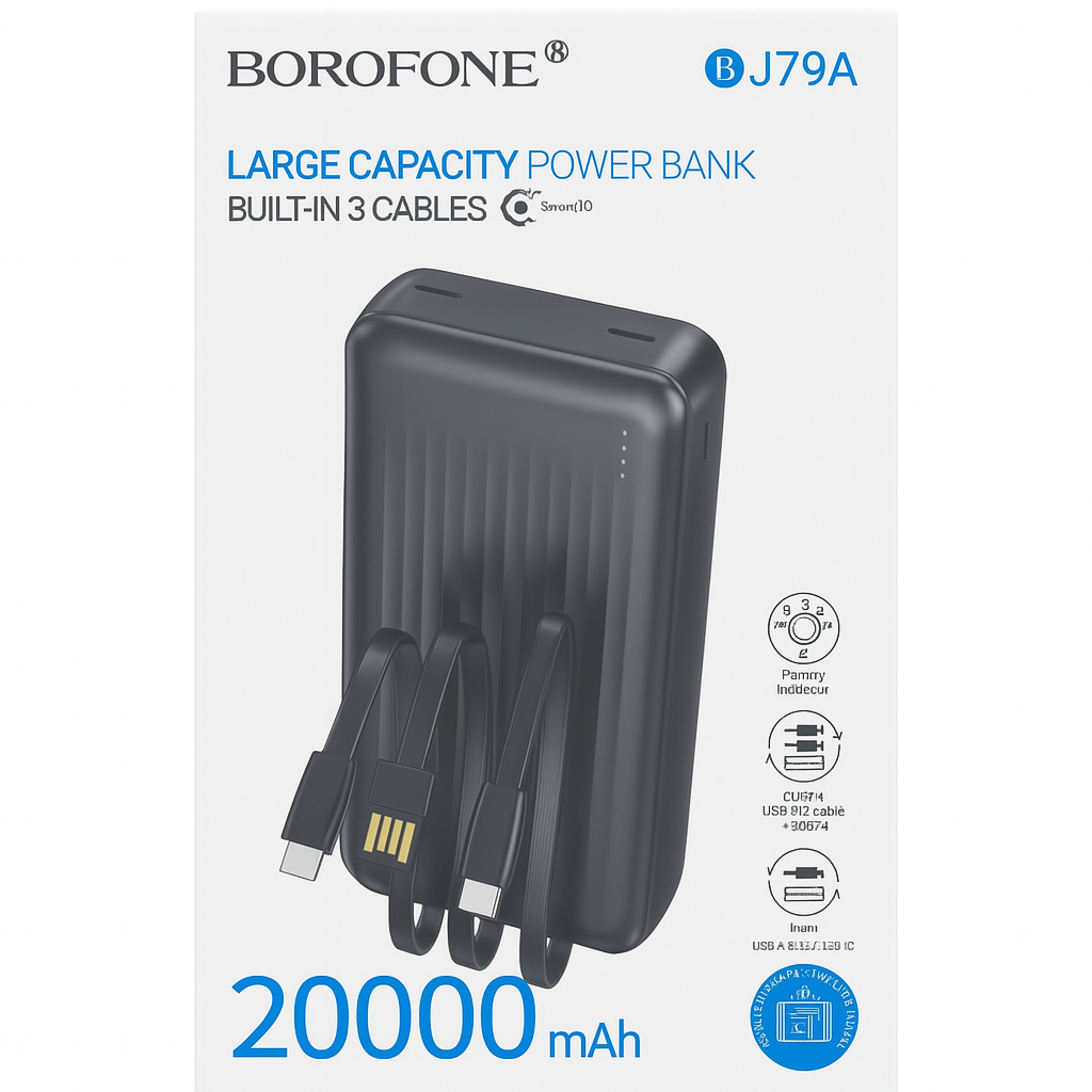 Borofone BJ79A Large Capacity Power Bank with Built-In 3 Cables – 20000mAh