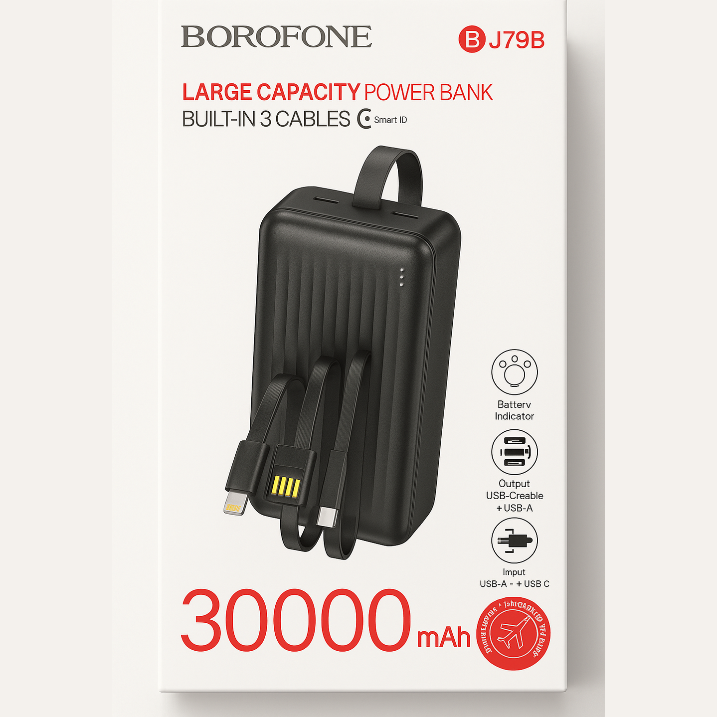 Borofone BJ79B Large Capacity Power Bank with Built-In 3 Cables – 30000mAh