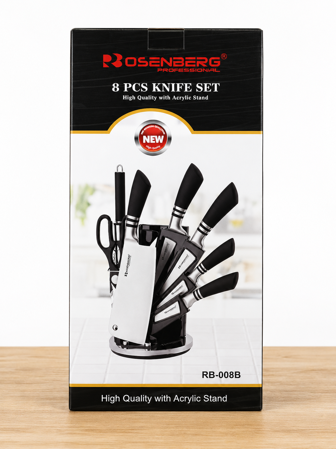 8 PIECE KNIFE SET - HIGH QUALITY WITH ACRYLIC STAND - MODEL NO:RB-008B - BLACK COLOR - by ROSENBERG - FOR 18+