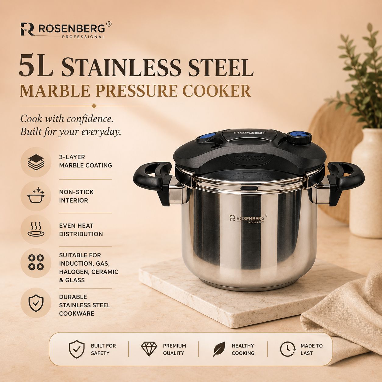 STAINLESS STEEL PRESSURE COOKER - 5 Litre by ROSENBERG