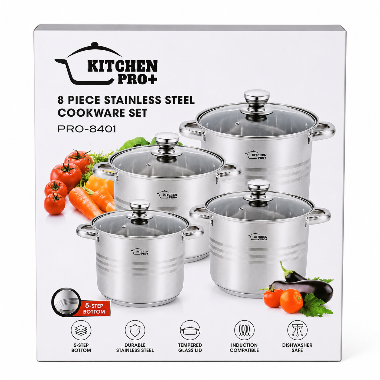 8 PIECES STAINLESS STEEL COOKWARE SET- MODEL NO:-PRO-8401 by KITCHEN PRO+