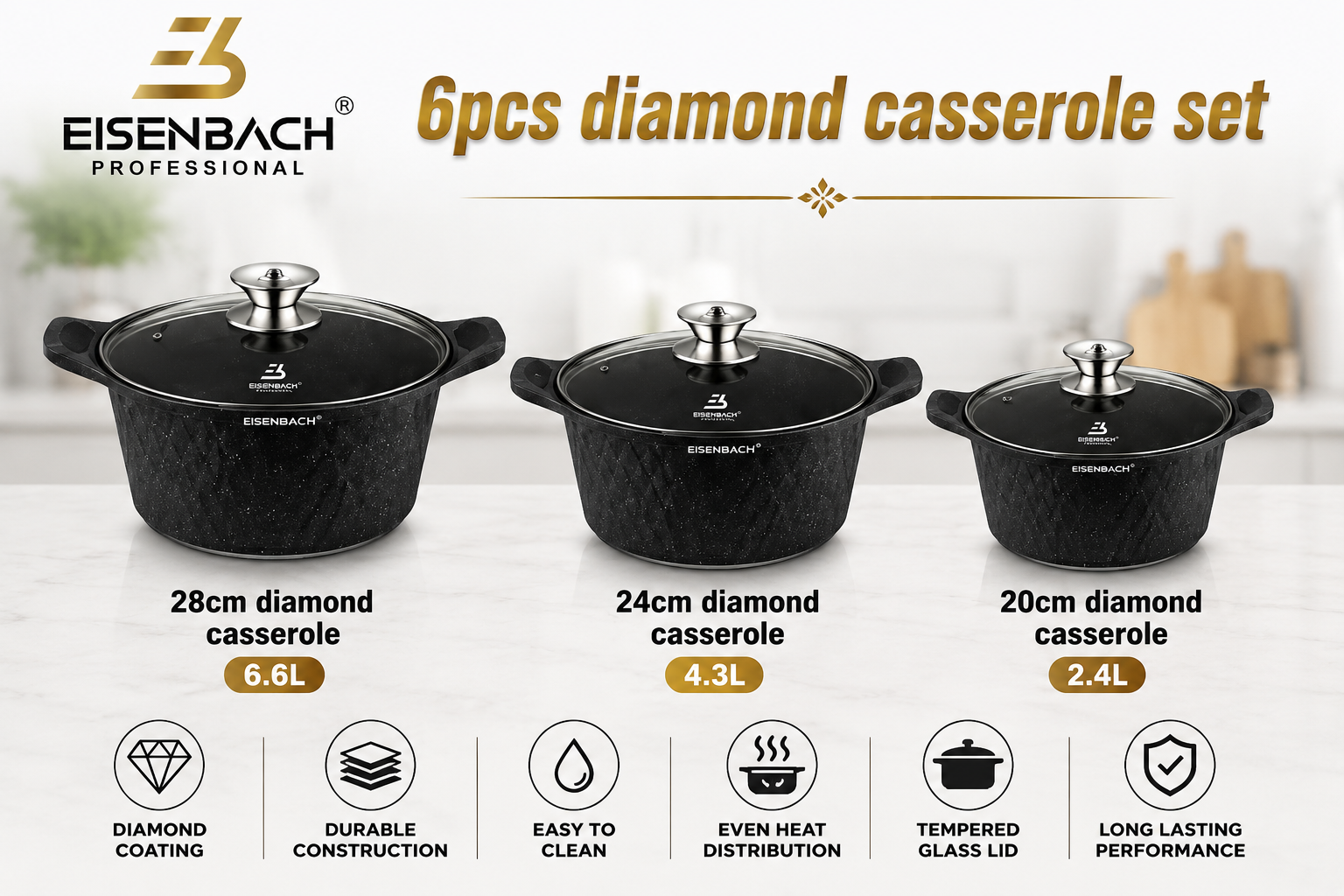 6 PIECE DIAMOND CASSEROLE SET - BLACK EDITION - by EISENBACH