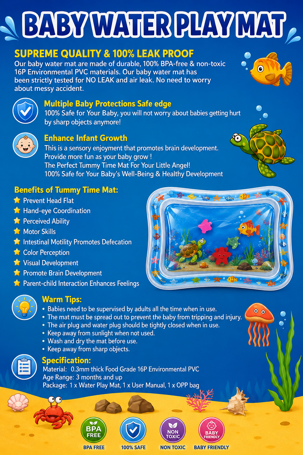 BABY WATER PLAY MAT - SEALIFE THEME FOR BABIES AGED 3 MONTHS AND ABOVE - NON-TOXIC & BPA-FREE