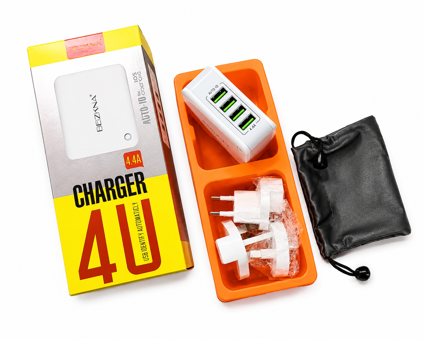 4.4A CHARGER 4U - 4 PORT AUTO ID CHARGER FOR iOS & ANDROID - UK/US/EU/AU Travel Plug Adapters by BEIZKNA