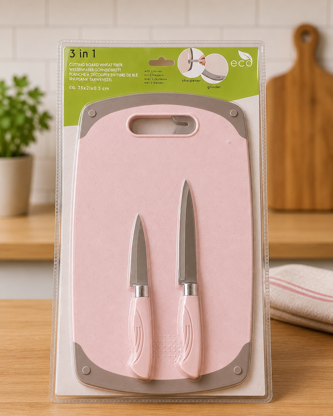 KITCHEN SET - CHOPPING BOARD+2 KNIVES IN PASTEL GREEN/PINK/BEIGE COLOUR - ABOVE 18 YEARS
