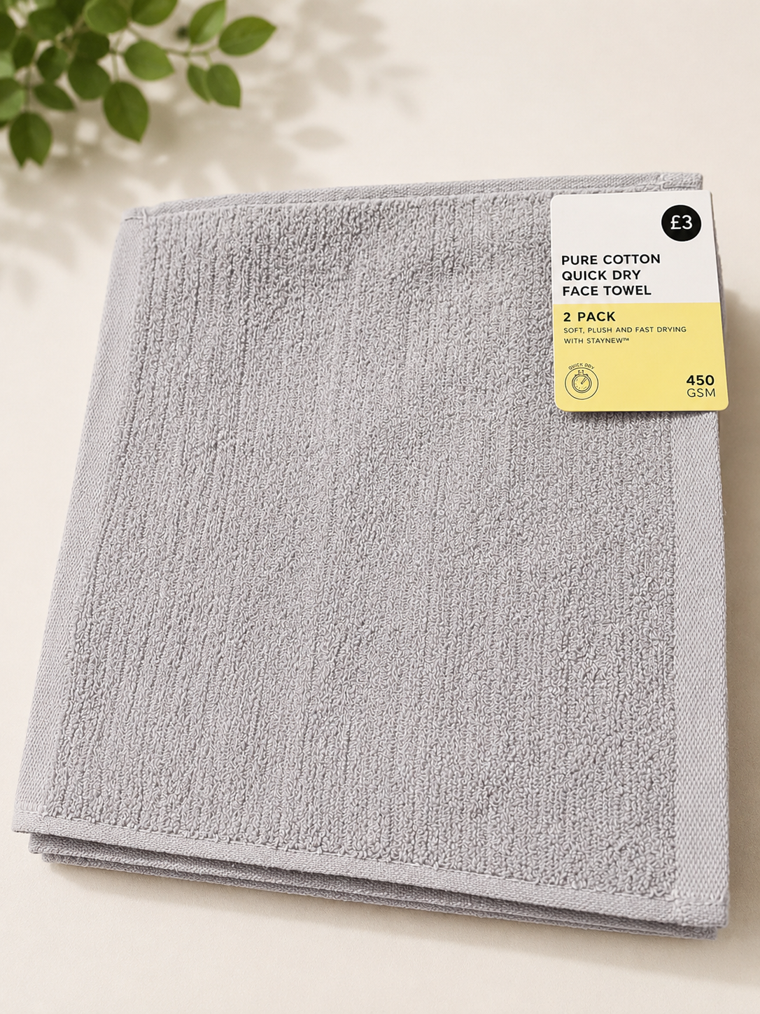 High Street Pure Cotton Quick Dry Face Towels – 2 Pack Soft & Fast Drying Towels 450 GSM Grey