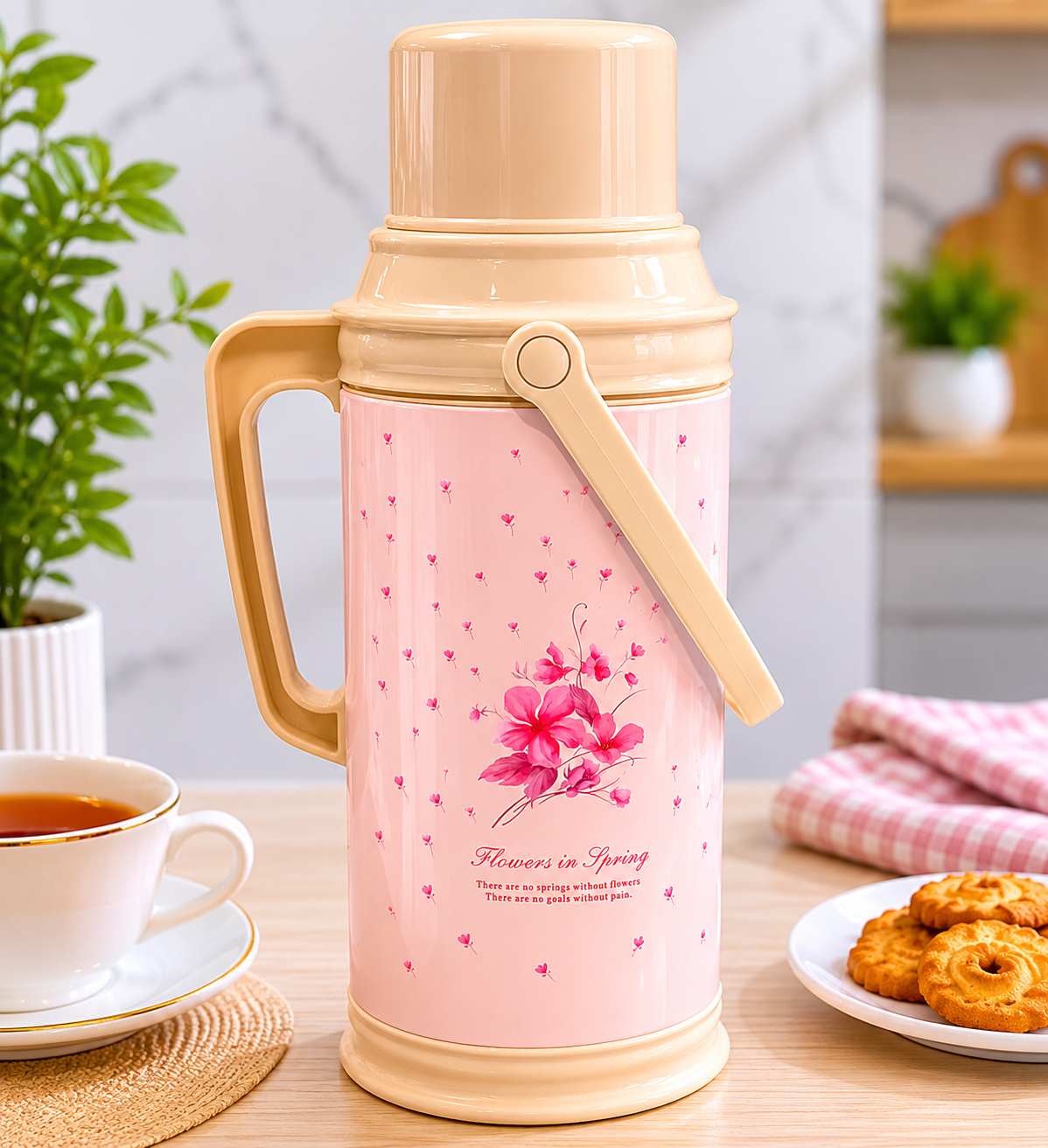 Large Vacuum Insulated Tea Thermos Flask with Handle – Hot & Cold Beverage Jug with Cup Lid