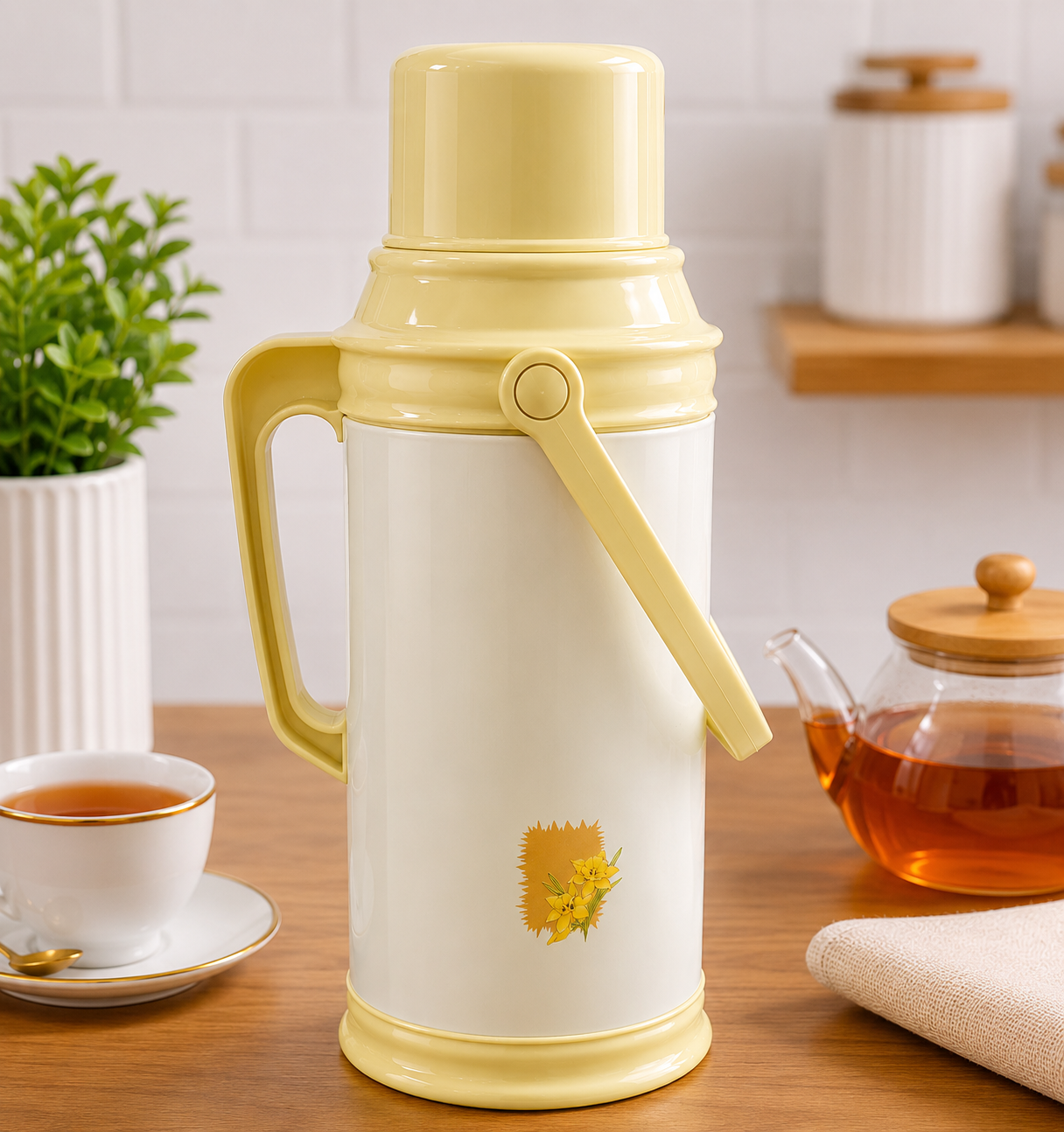 Large Vacuum Insulated Tea Thermos Flask with Handle – Hot & Cold Beverage Jug with Cup Lid