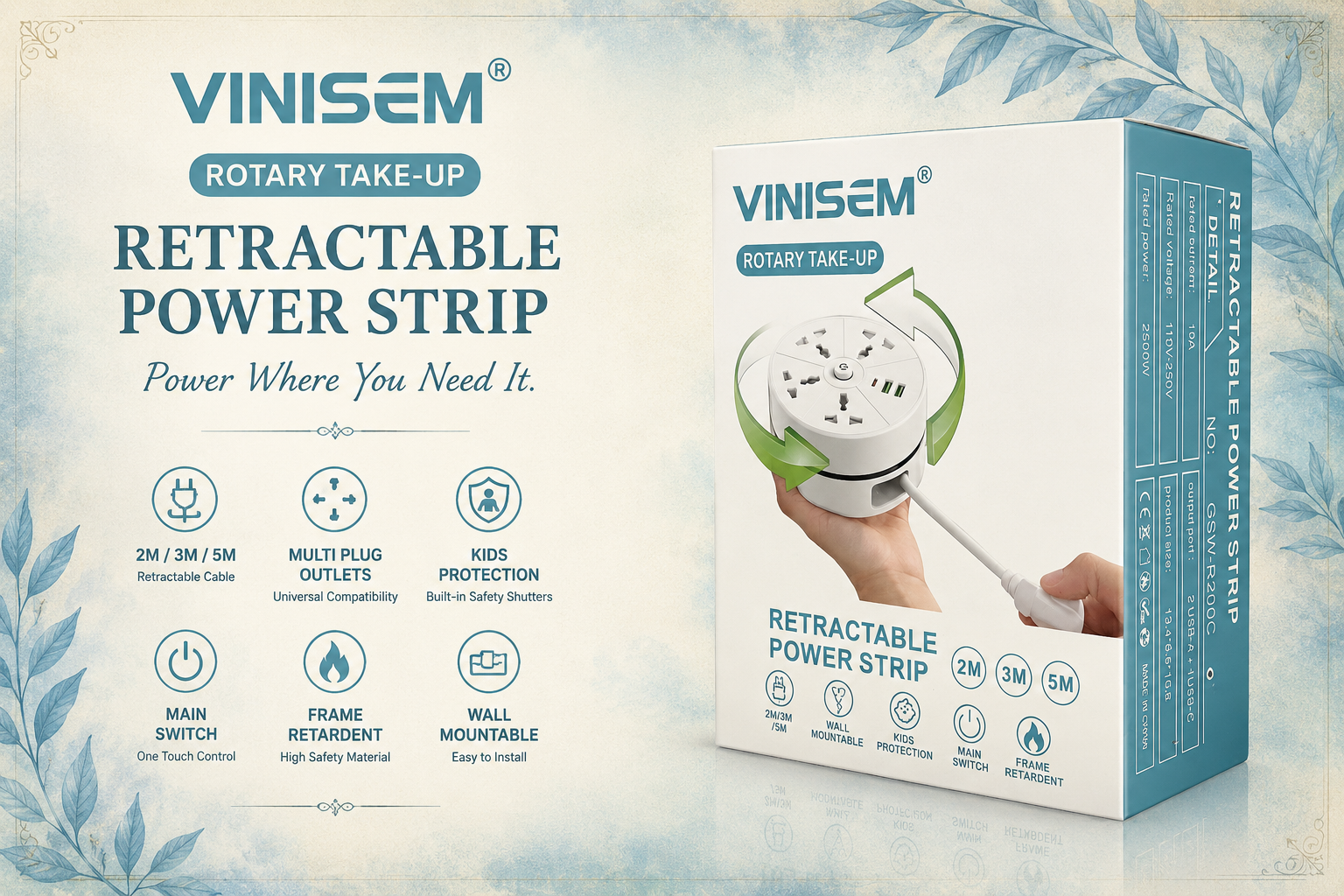 Vinisem Rotary Retractable Power Strip Black 2 M Extension Cord