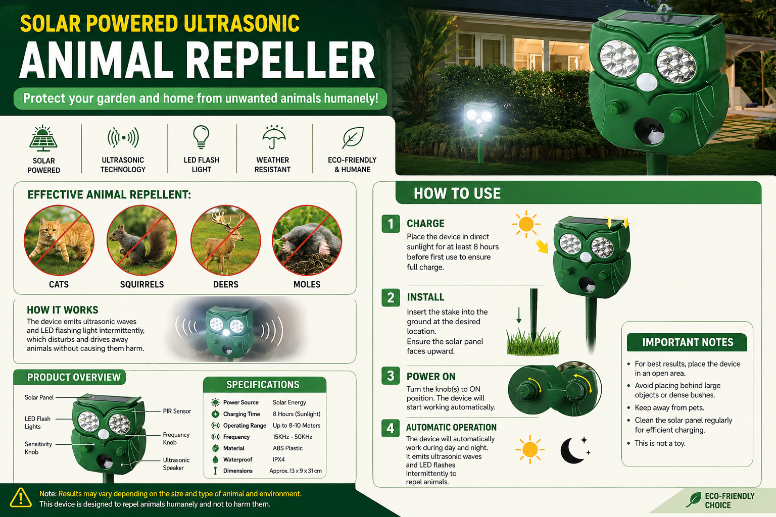 ANIMAL REPELLAR - SOLAR POWERED ULTRASONIC