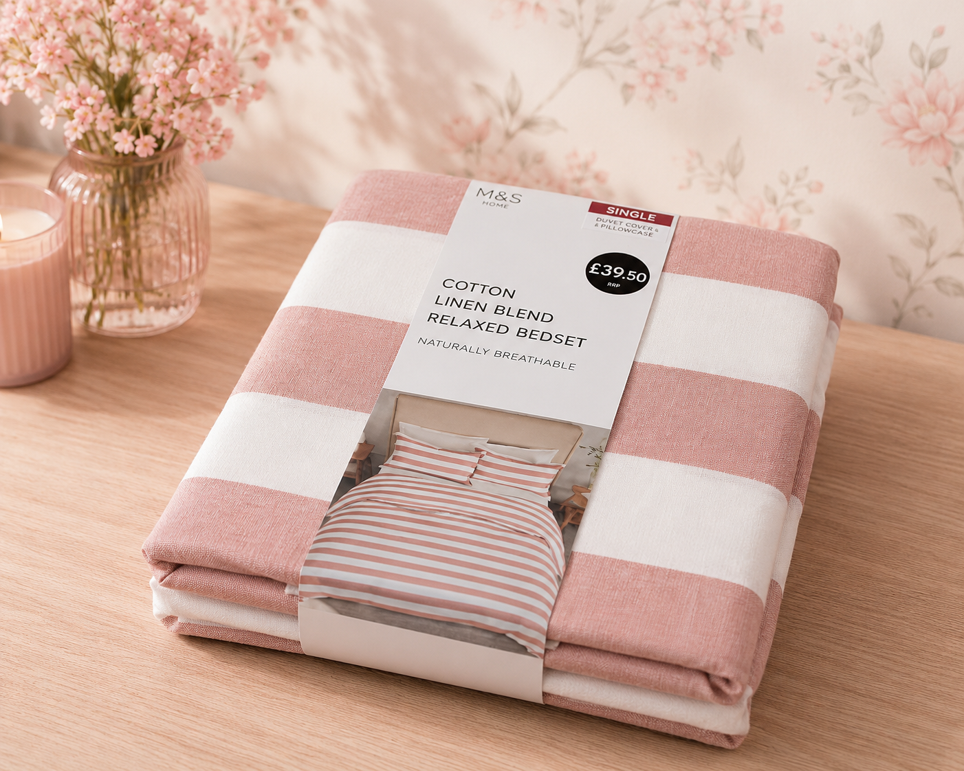 HIGH ST BRAND - PINK COTTON BEDSET - DUVET COVER + PILLOW CASE - SINGLE