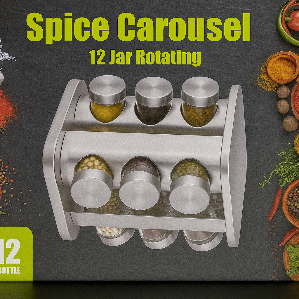Stainless Steel Rotating Spice Carousel – 12-Jar Revolving Seasoning Organizer with Glass Bottles for Kitchen Counter or Cabinet