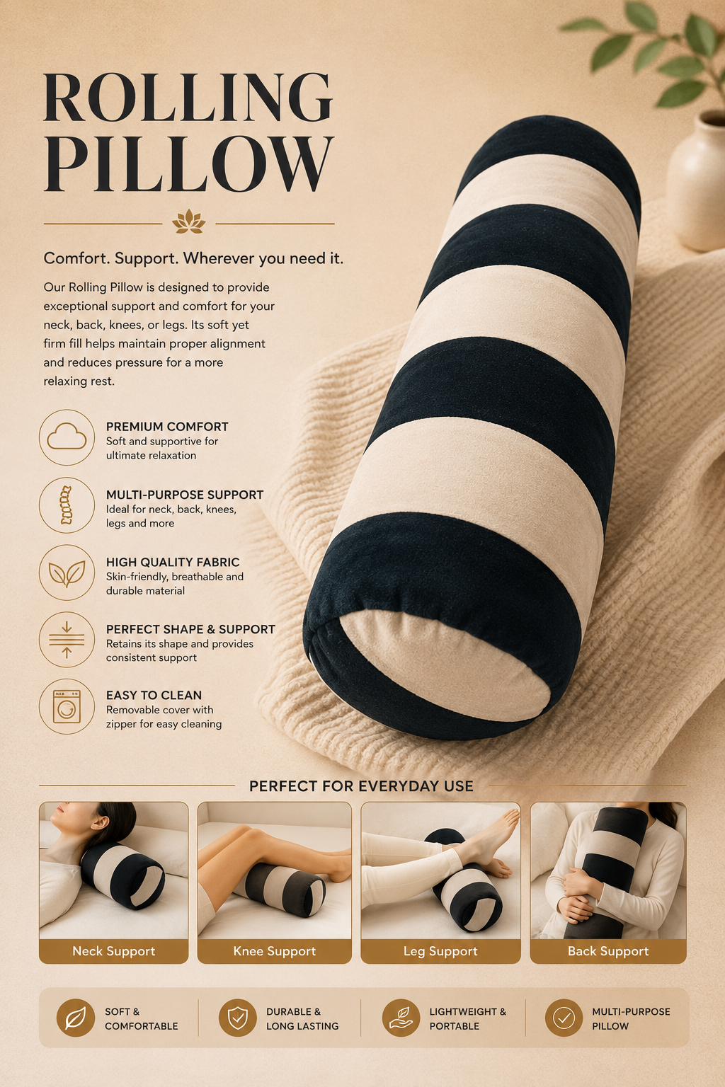 HIGH ST BRAND - ROUND BLACK & BEIGE STRIPPED PILLOW