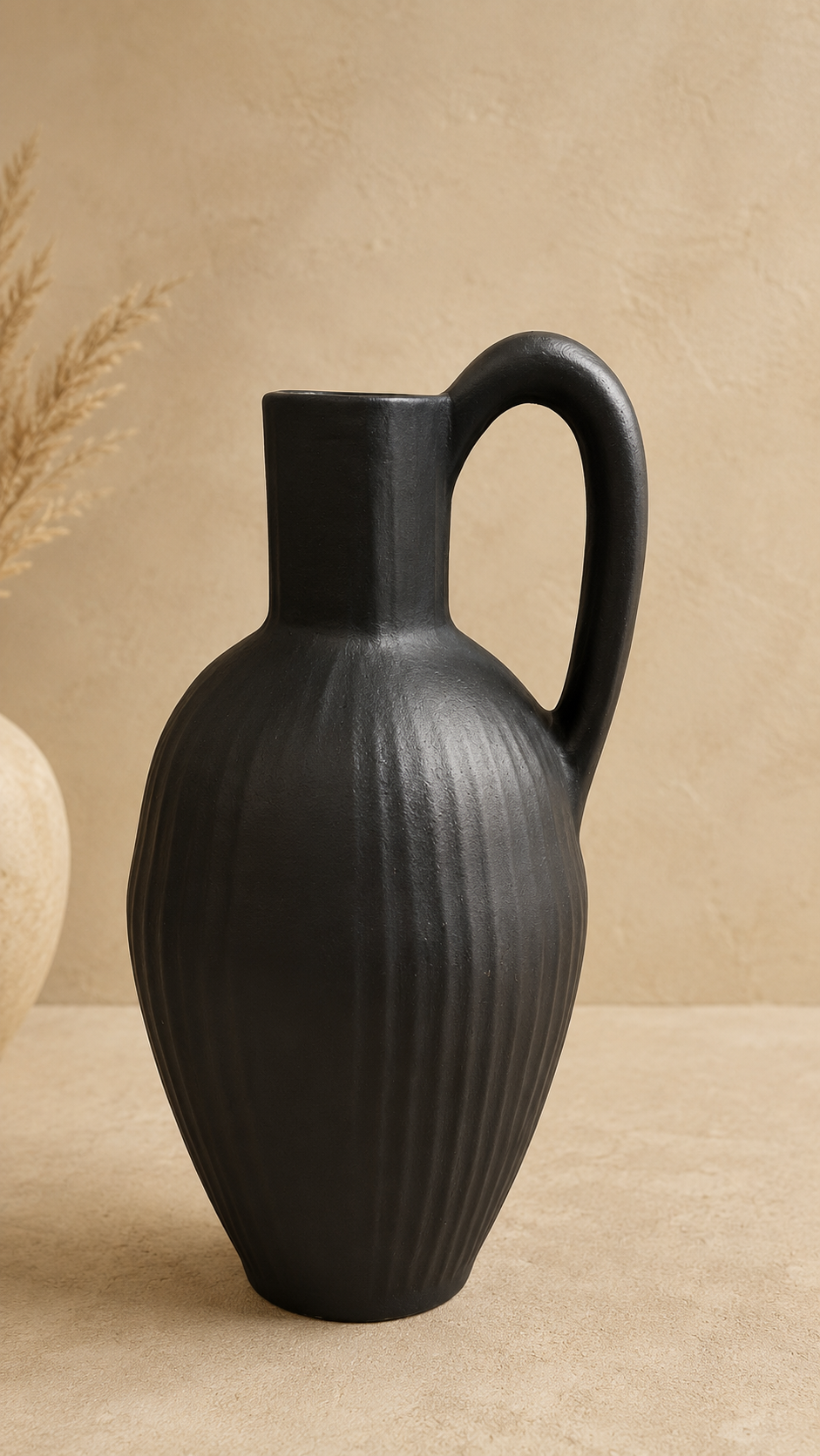 BLACK MATTE CERAMIC VASE WITH HANDLE - MODERN,DECORATIVE & CLASSY EDITION