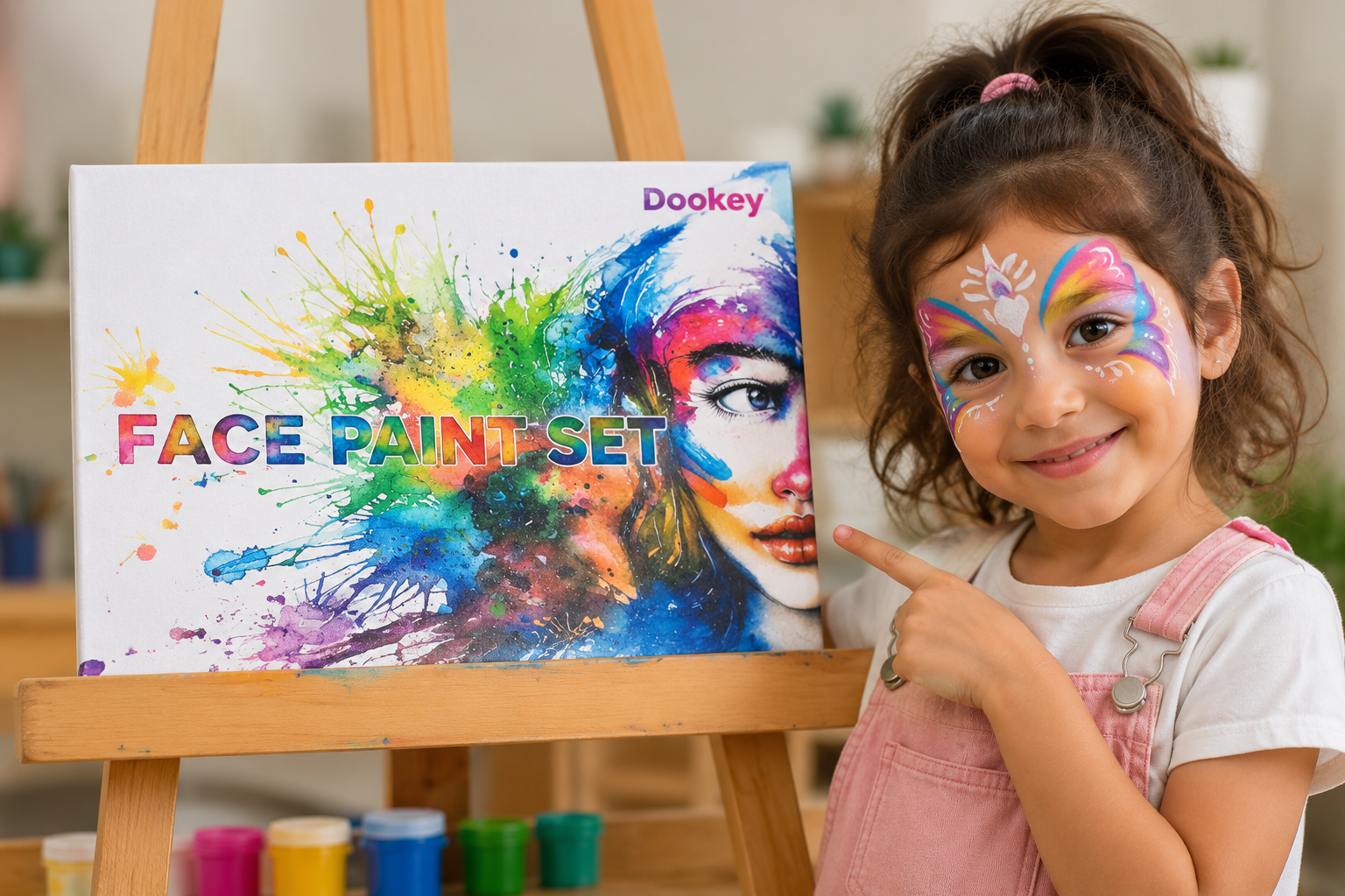 DOOKEY FACE PAINT SET - 15 COLORS+4 STENCIL SHAPES+2 BRUSHES+4SPONGES+2EYE SHADOW STICKS