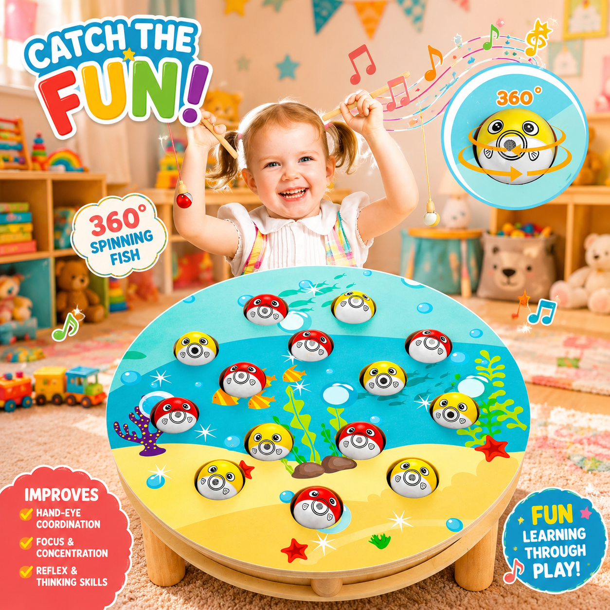MUSIC FISHING GAME WODDEN TOY- LETOMY ROTATING FISH - 3YEARS+