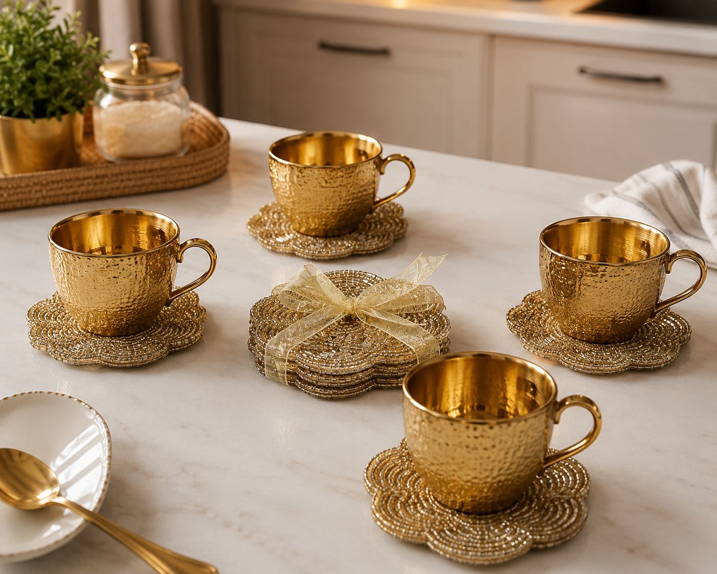 GOLDEN BEADED COASTER SET OF 4 PIECES - FLOWER SHAPED - FANCY AND PREMIUM LOOK