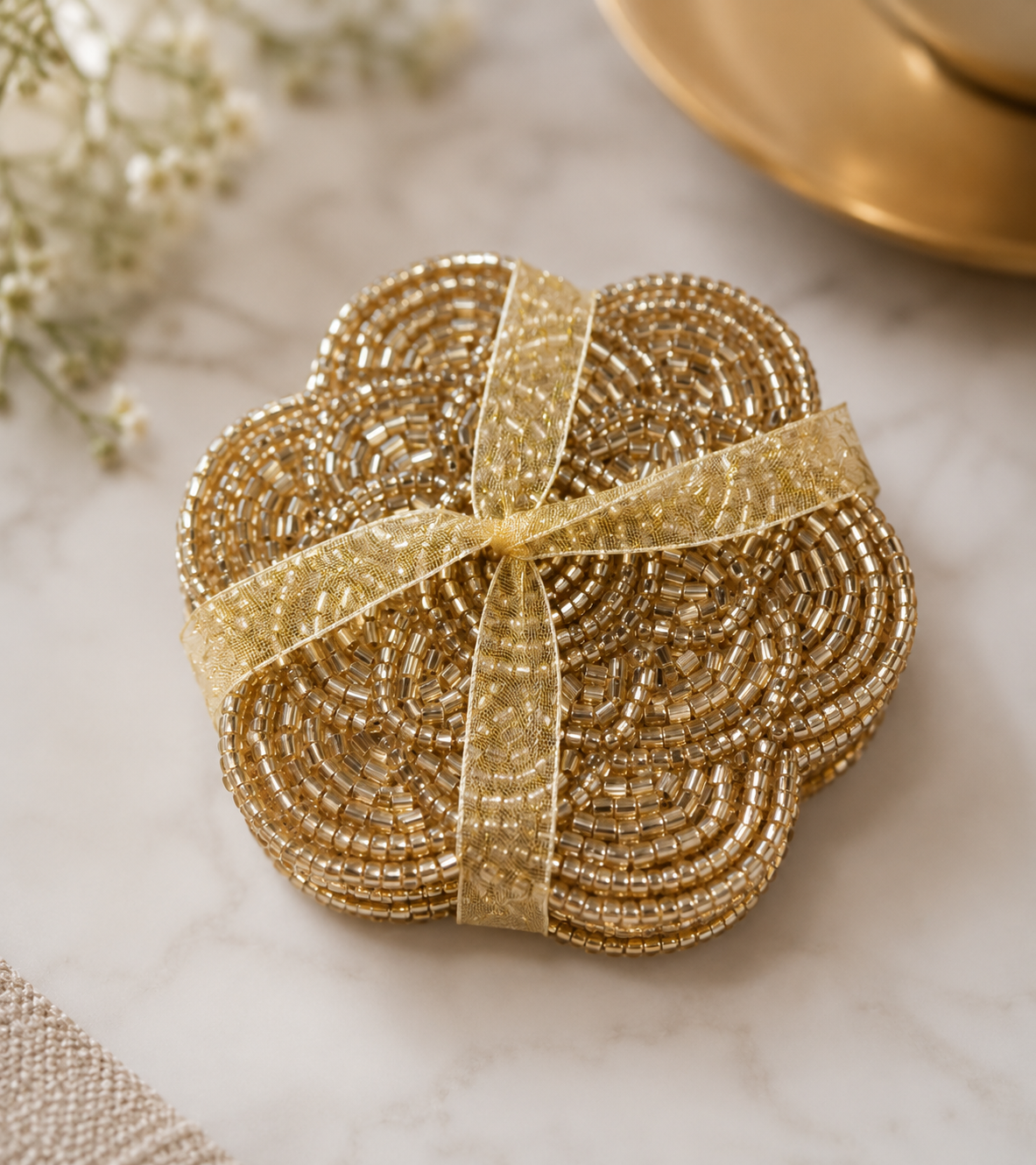 GOLDEN BEADED COASTER SET OF 4 PIECES - FLOWER SHAPED - FANCY AND PREMIUM LOOK