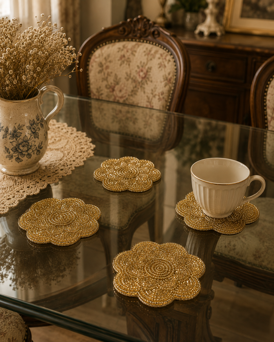 GOLDEN BEADED COASTER SET OF 4 PIECES - FLOWER SHAPED - FANCY AND PREMIUM LOOK