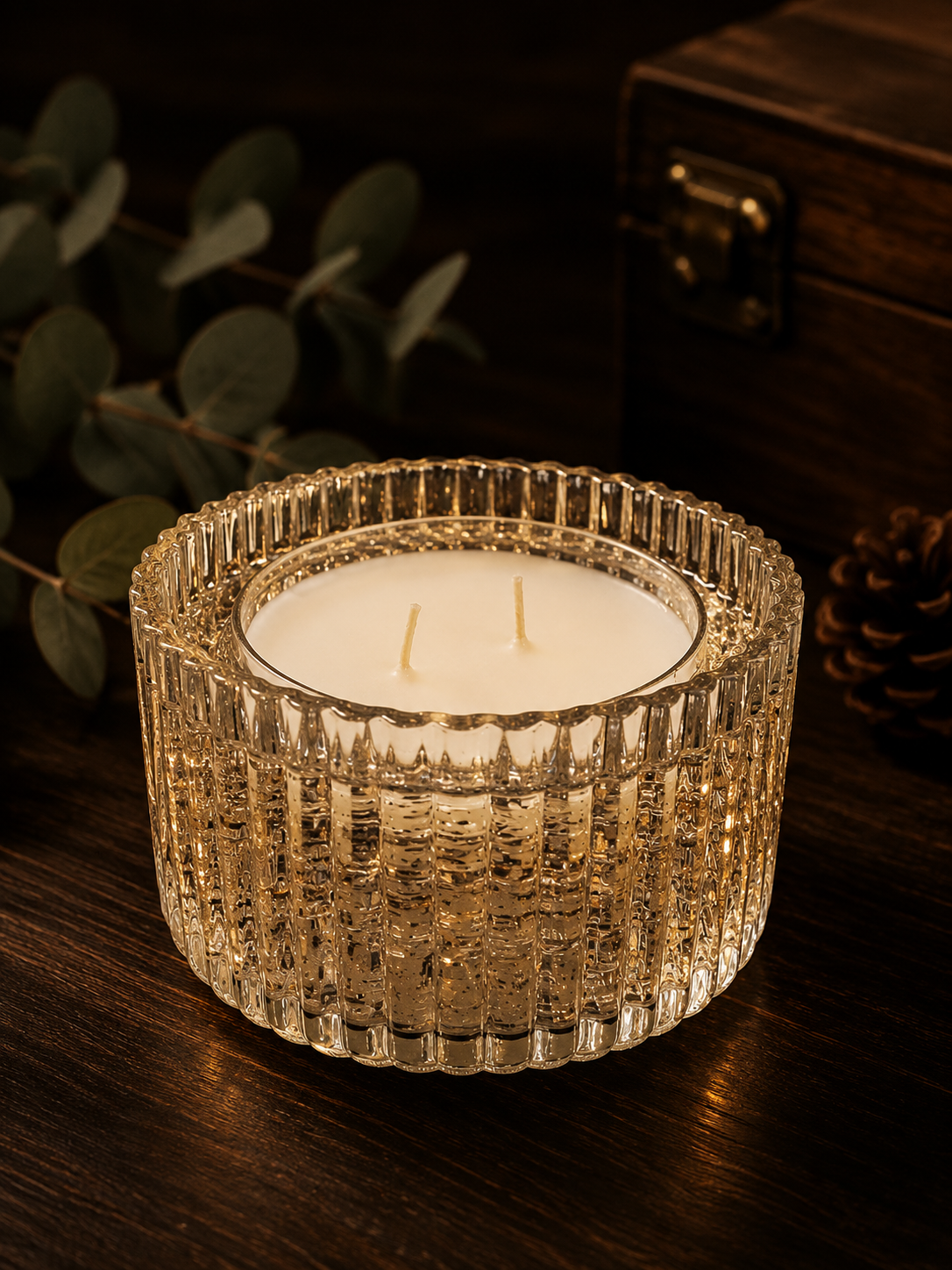 GOLD SPARKLING CANDLE - RIBBED GLASS JAR - SOFT+FLORAL NOTES