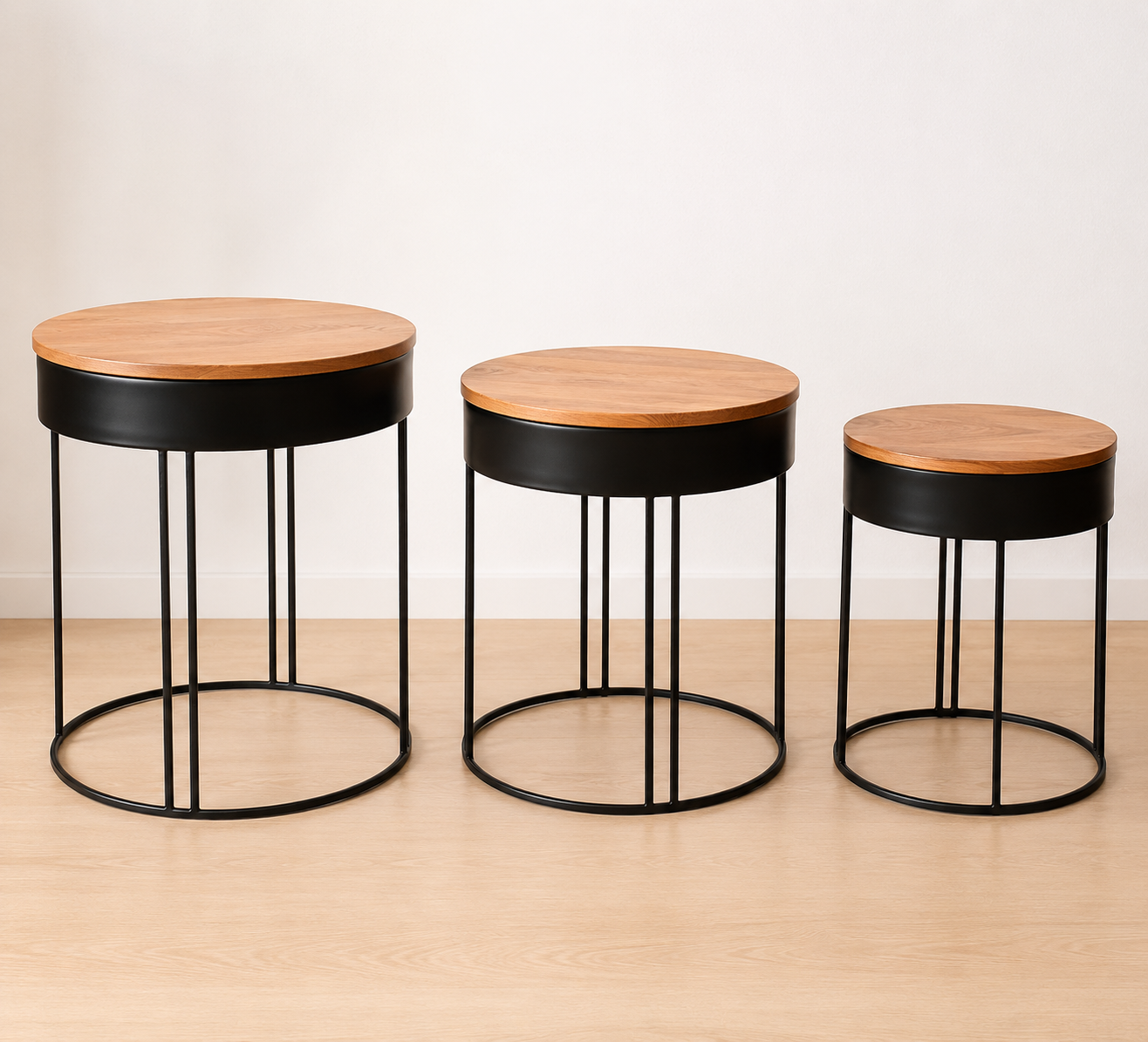 Modern Round Nesting Coffee Table Set – Wooden Top & Black Metal Side Tables (Set of 3)