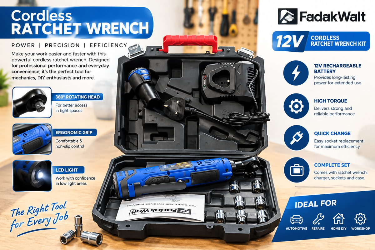 12V Cordless Ratchet Wrench Kit with Sockets & Carry Case