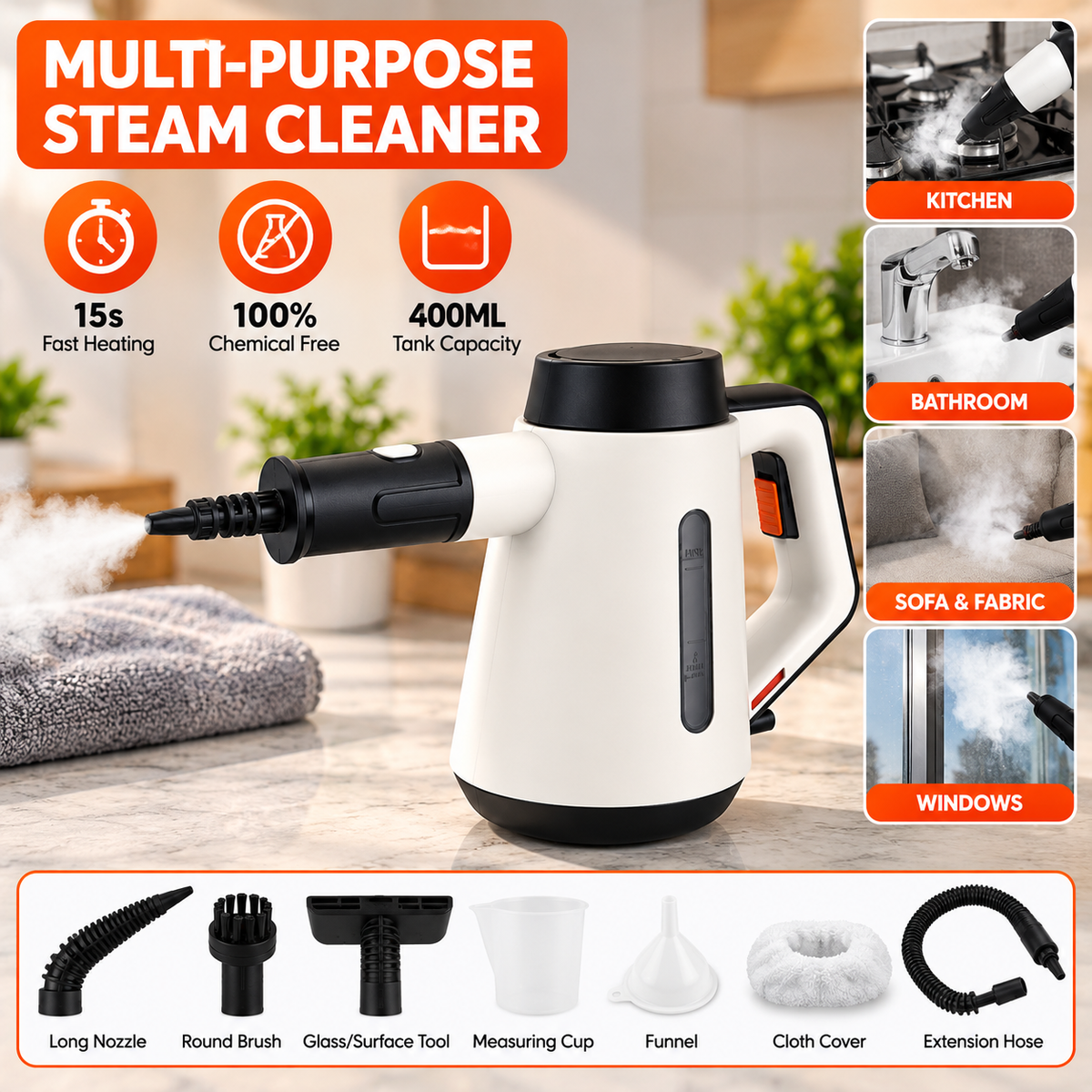 Multi-Purpose Handheld Steam Cleaner – 400ml Tank, Fast 15-Second Heating, Chemical-Free Cleaning