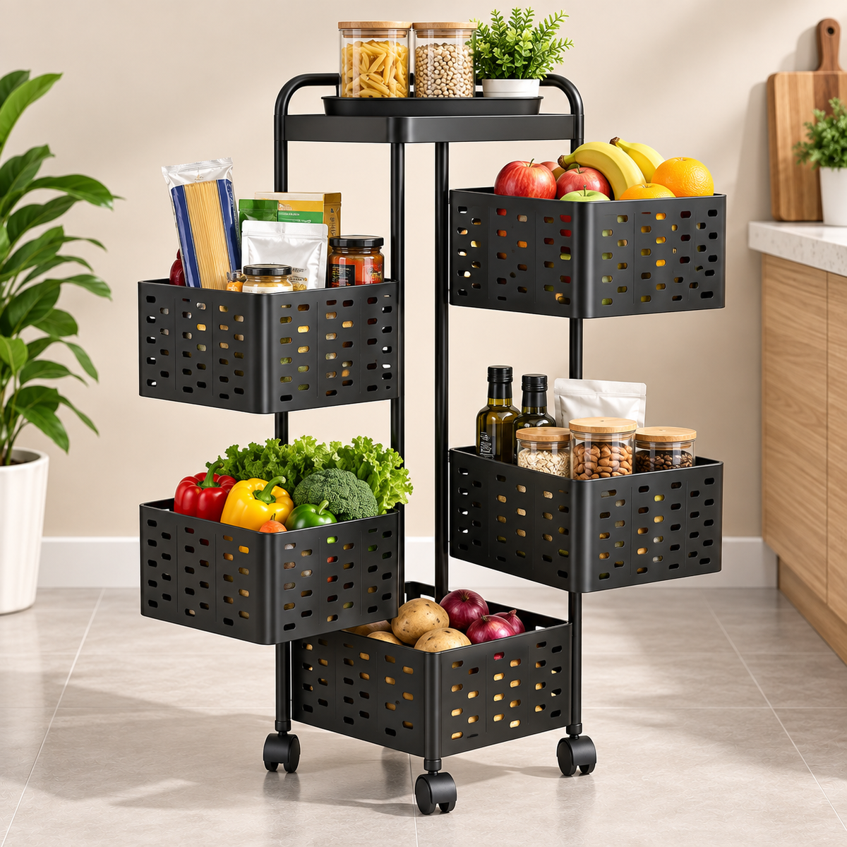 FOOD STORAGE TROLLEY FOR STORING DISTINCT FRUITS & VEGETABLES - BLACK/WHITE COLOR - (Size - 29*29*91cm)