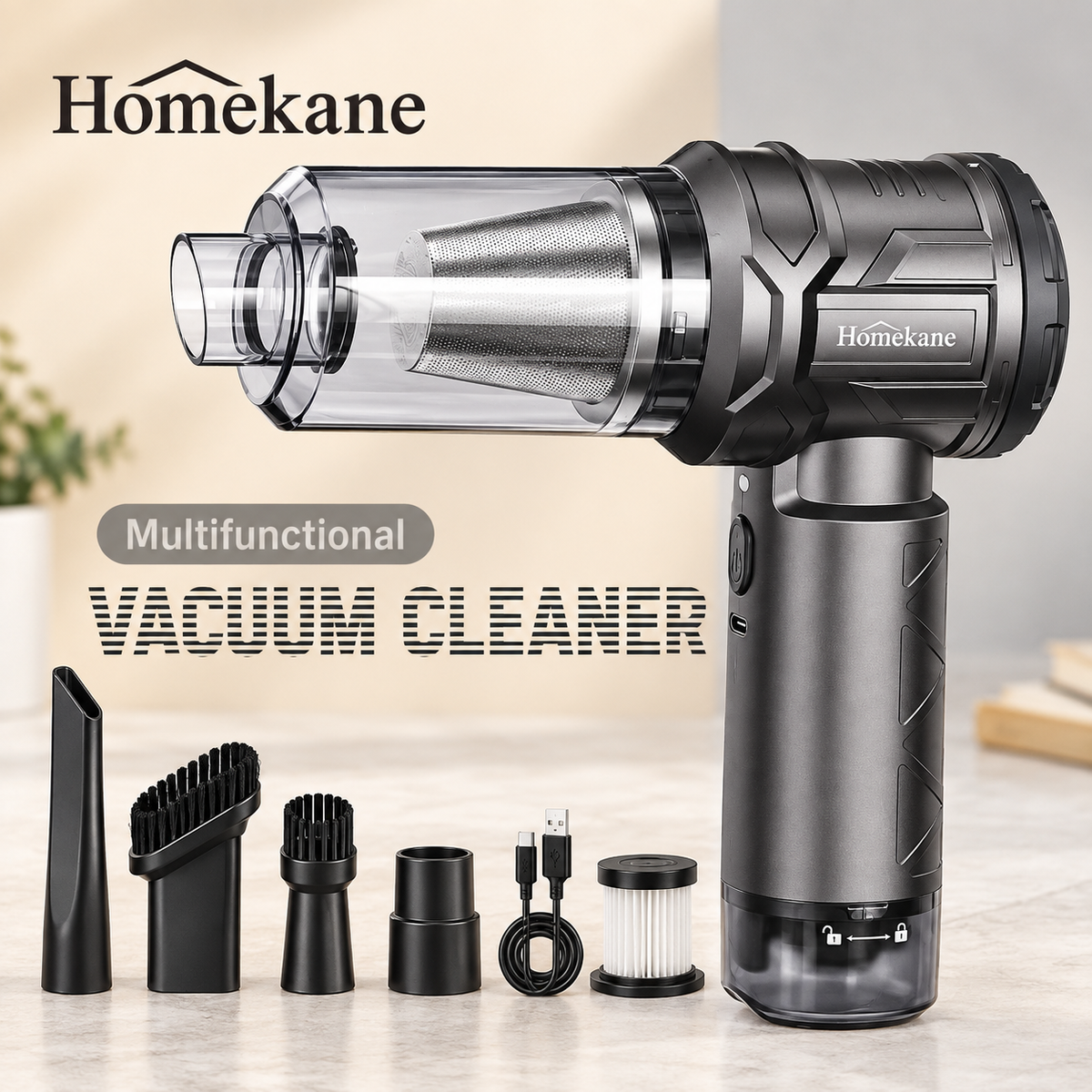 MULTIFUNCTIONAL VACUUM CLEANER - HIGH VACUUM, C-TYPE CHARGER FOR USING IN HOME & CAR by HOMEKANE