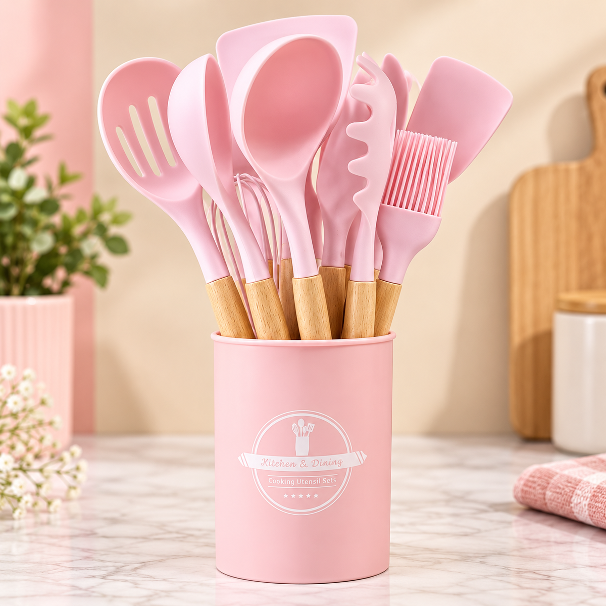 SILICON COOKING UTENSILS SET WITH PLASTIC HOLDERS - IN 4 SOFT SHADES - (-30° TO 230°C)