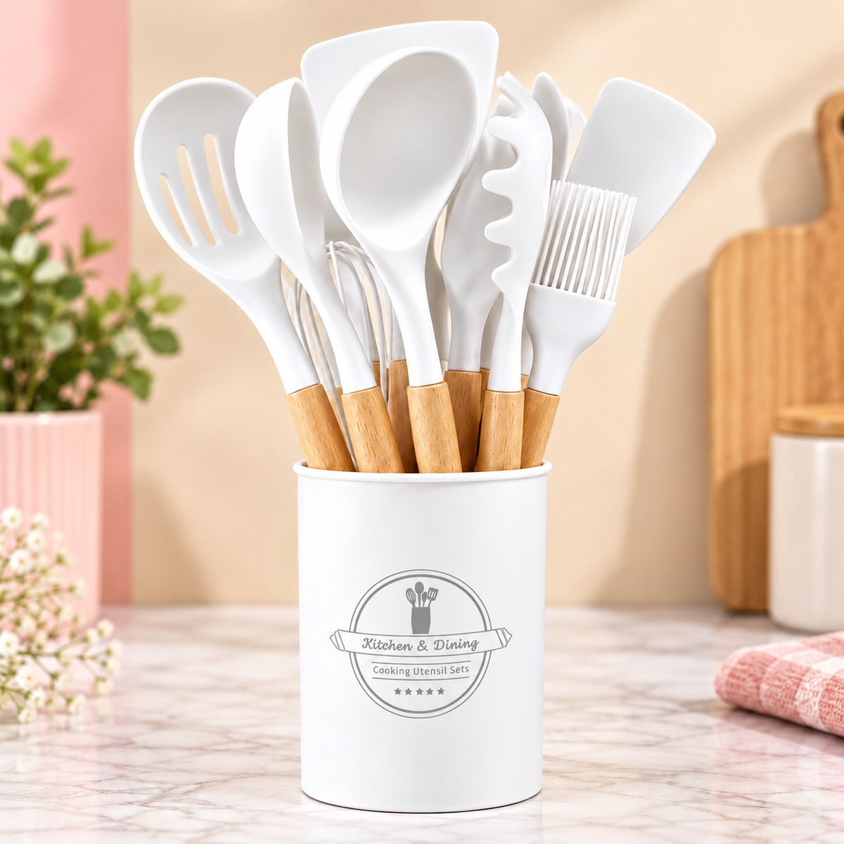 SILICON COOKING UTENSILS SET WITH PLASTIC HOLDERS - IN 4 SOFT SHADES - (-30° TO 230°C)