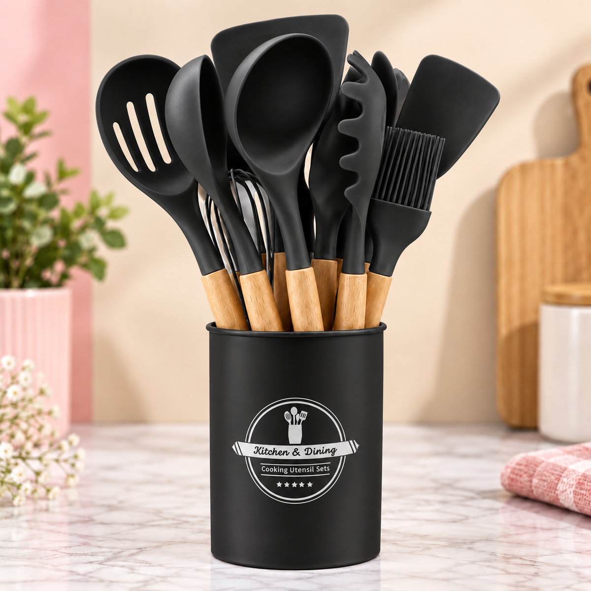 SILICON COOKING UTENSILS SET WITH PLASTIC HOLDERS - IN 4 SOFT SHADES - (-30° TO 230°C)