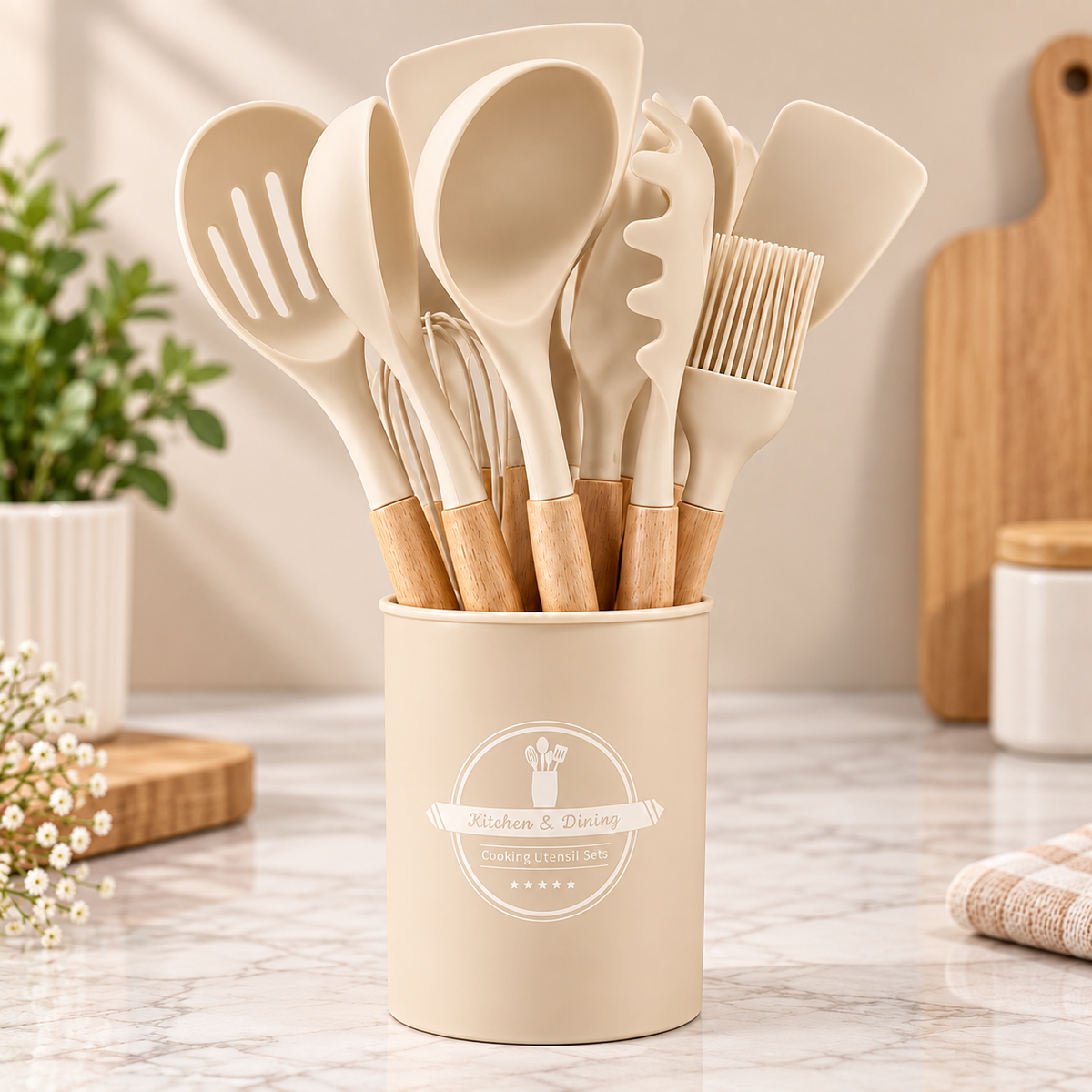 SILICON COOKING UTENSILS SET WITH PLASTIC HOLDERS - IN 4 SOFT SHADES - (-30° TO 230°C)