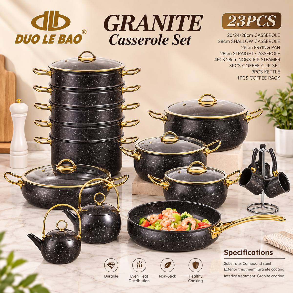 23 PIECES GRANITE CASSEROLE SET - COUMPOUND STEEL & GRANITE COATING - Box size-(71*37*59cm)