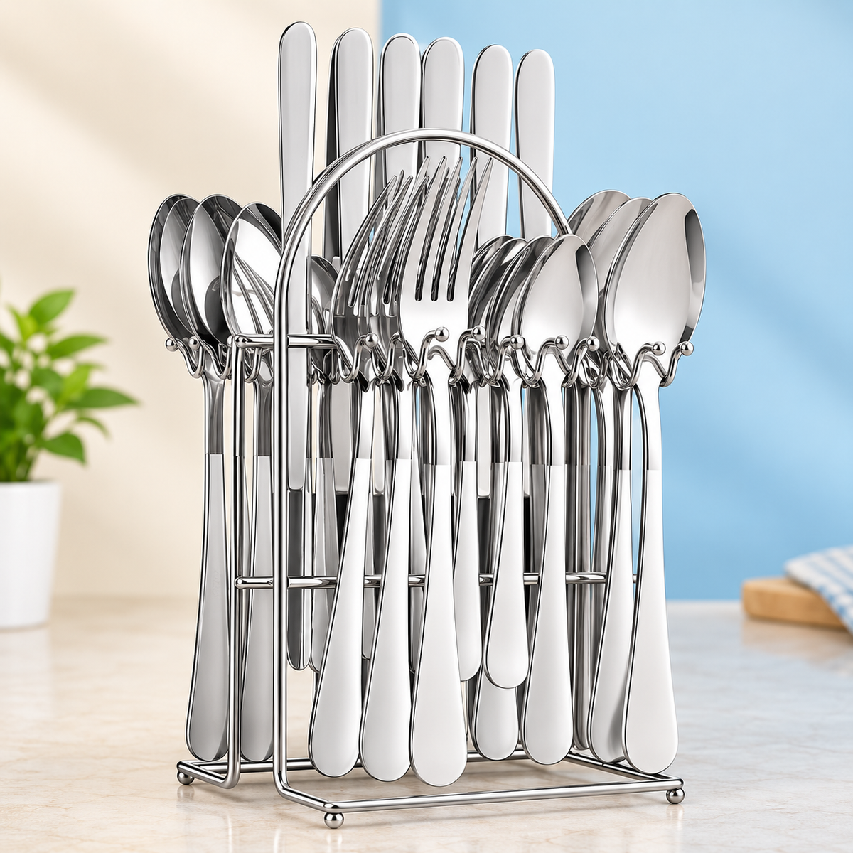 24 PIECE CUTLERY SET - STAINLESS STEEL TABLEWARE WITH SILVER FINISH